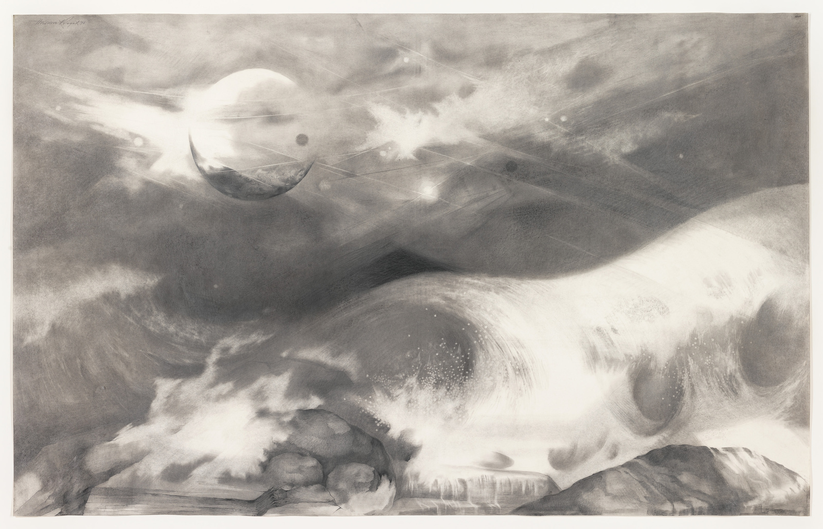 A monochromatic artwork depicting a surreal celestial scene with a large, luminous sphere resembling a moon or planet, surrounded by smaller orbs connected by fine lines, possibly indicating a constellation. The background features swirling clouds and a landscape with prominent rocky formations in the foreground. The image has a dreamlike, ethereal quality, with a signature in the top left corner.