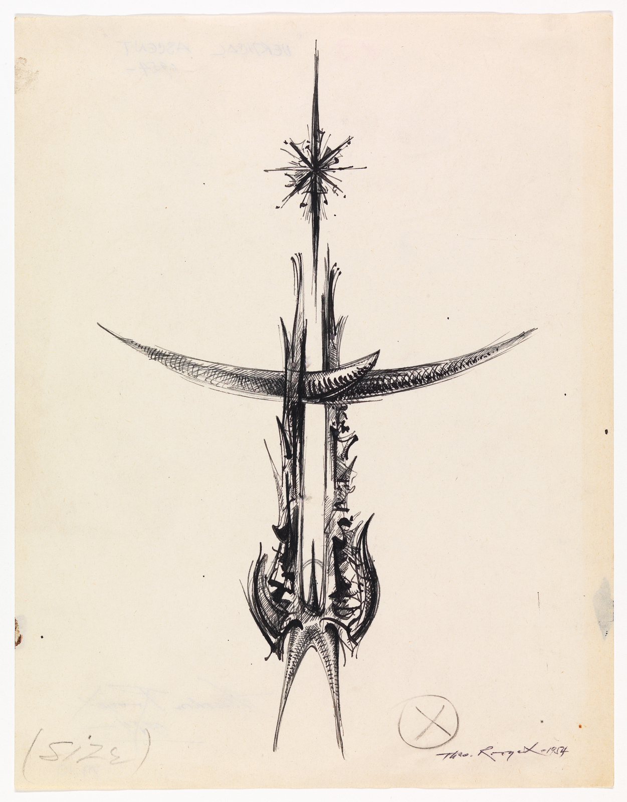 Sketch of a fantastical sword with an intricate hilt and a long, straight blade, featuring a starburst design near the tip. The drawing is on aged paper with some handwritten notes and a signature at the bottom right corner.