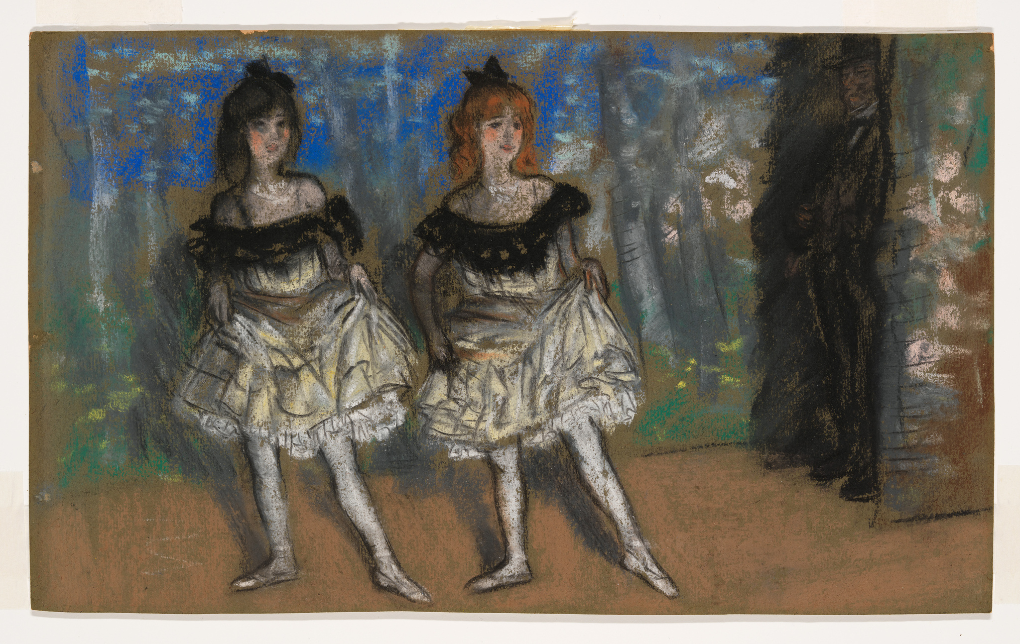 A pastel drawing depicting two dancers in the foreground, dressed in black and white costumes with frilly skirts, standing side by side. They are holding their skirts slightly lifted, revealing their legs and ballet shoes. The dancer on the left has dark hair, while the one on the right has red hair. In the background to the right, a shadowy figure of a man in a hat and dark clothing is partially visible, blending into the dark, textured backdrop. The overall colors are muted with a mix of blue, brown, and green tones.