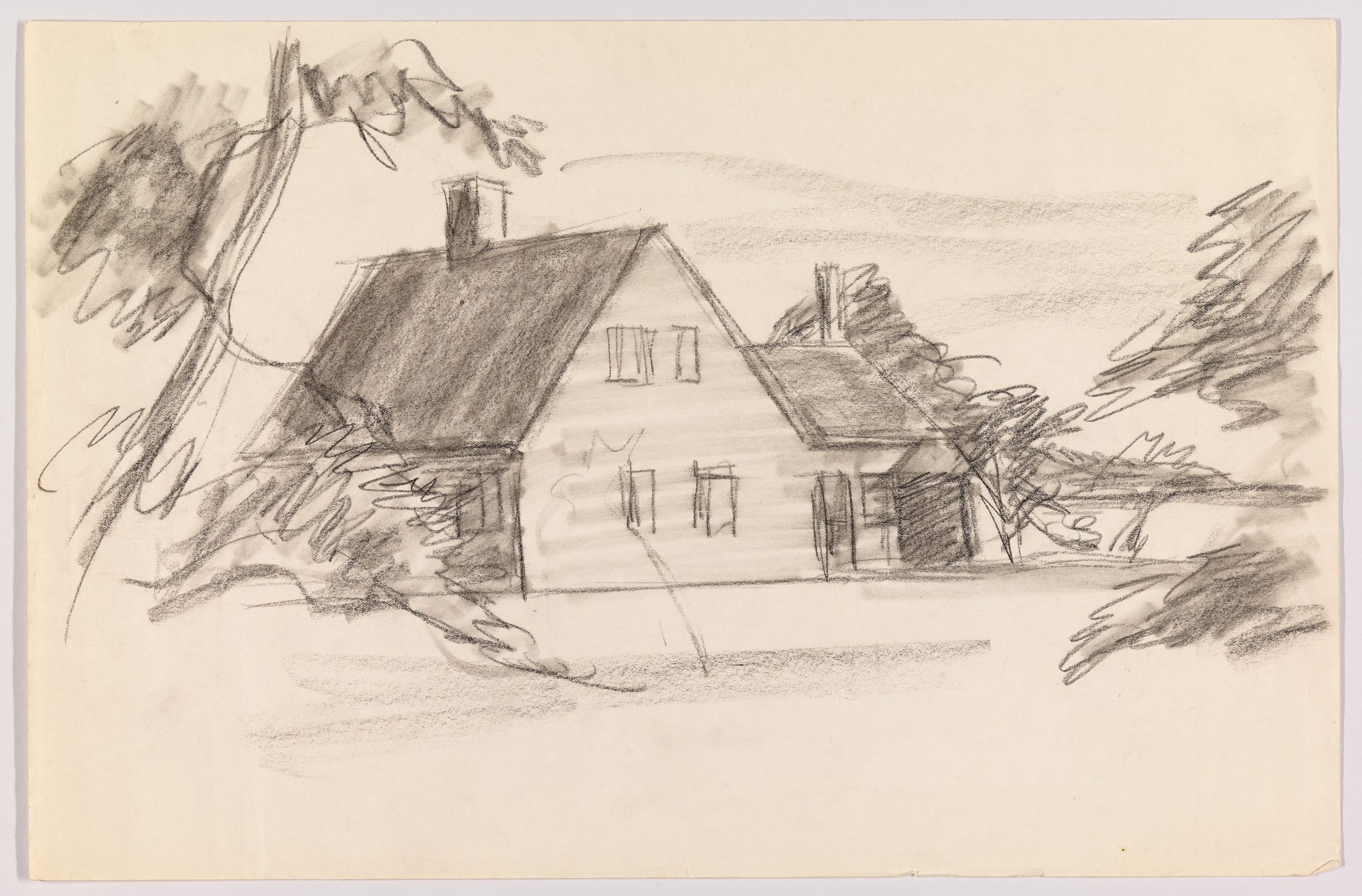 Pencil sketch on paper depicting a two-story house with a gabled roof and visible chimney, surrounded by loosely drawn trees and foliage. The drawing style is loose and gestural, with emphasis on the outline and form of the house and trees rather than detailed features. The paper appears slightly aged, giving a sense of an older artwork.