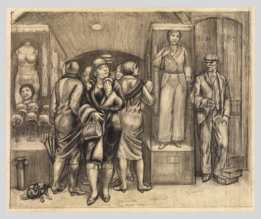 Sketch of people in a 1930s clothing store with mannequins, a small dog, and customers trying on and examining outfits.