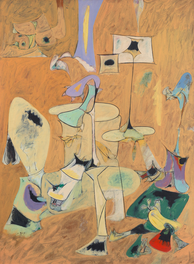 An abstract painting featuring a blend of organic and geometric shapes with a warm, predominantly orange and brown color palette, accented by touches of blue, green, and purple. The composition is dynamic, with elements that suggest fragmented figures and objects, creating a sense of movement and depth.