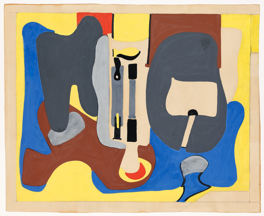 A colorful abstract painting featuring a variety of shapes and forms in blue, yellow, red, brown, and black on a beige background. The composition is non-representational with organic and geometric elements intermingling.