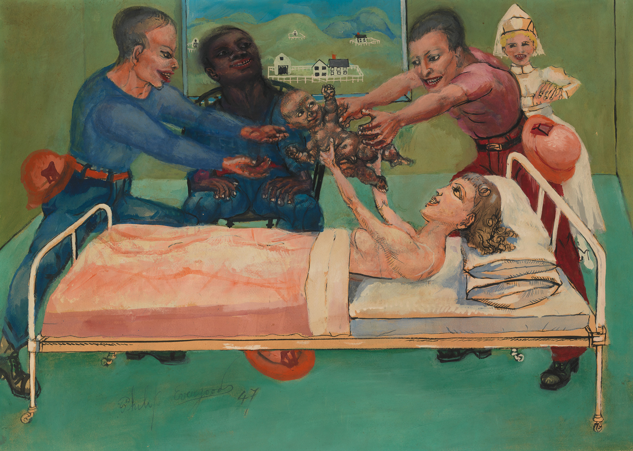 A surreal painting depicting a woman lying on a hospital bed reaching out to a small, dark-skinned figure being handed to her by a group of oddly proportioned, caricature-like figures. One figure is dressed in blue with a red cap, another in red with a white nurse's cap, and a third figure is mostly obscured in the background. A pastoral scene with houses is painted on the wall behind them. The artwork is signed "B. Chaim Grossberg '47" at the bottom left.