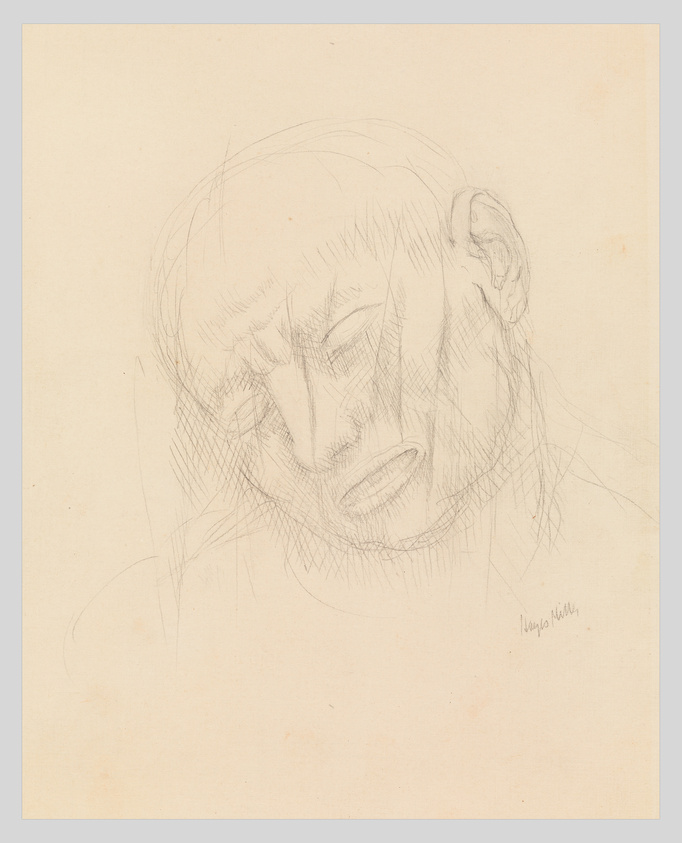 Sketch of a person with a pained expression, resting their head on their hand, on beige paper.