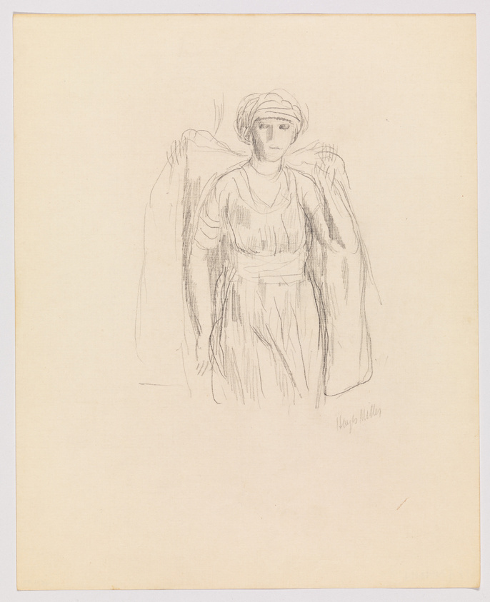 Pencil sketch on beige paper depicting a standing figure draped in loose, flowing garments with what appears to be a halo or headdress around the head, suggesting an angelic or saintly character. The artist's signature is visible at the bottom right. The drawing is rendered with soft lines and minimal detail, conveying a sense of ethereal grace.