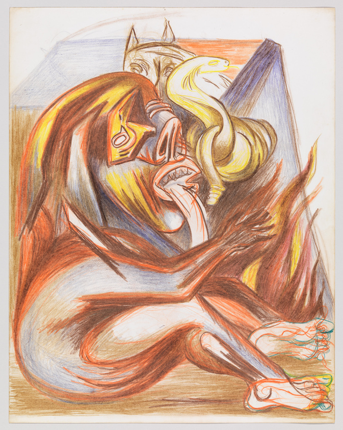 Abstract drawing of a creature with a distorted face, sharp teeth, and colorful, swirling lines.
