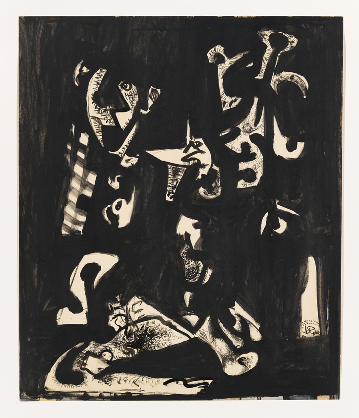 A black and white abstract painting featuring a chaotic arrangement of figures and shapes that appear to be in a dynamic, possibly confrontational, scene. The artwork is characterized by bold, expressive brushstrokes and a stark contrast between the dark background and the lighter figures.