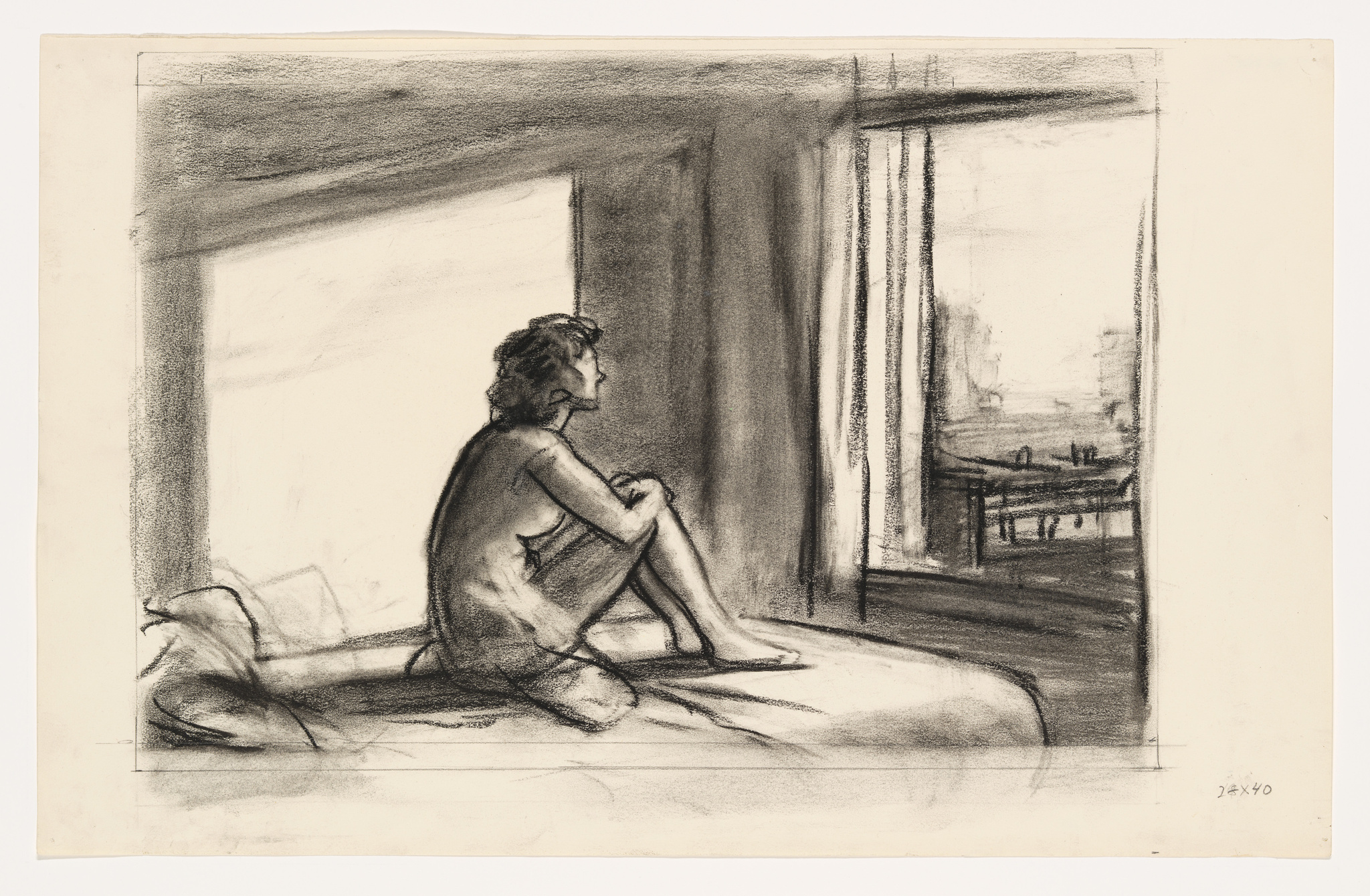 A charcoal sketch of a person sitting on a bed, gazing out of a large window with curtains, with a hint of an urban landscape visible in the distance. The room appears sparse and the mood contemplative.