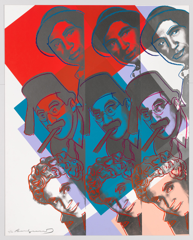 A colorful artwork featuring stylized portraits of three different figures repeated in a pattern against a geometric background of red and blue shapes. Each figure is depicted in a contrasting color scheme, with the top row showing a woman's face, the middle row a man with glasses and a mustache, and the bottom row another woman with curly hair. The artist's signature is visible in the bottom left corner.