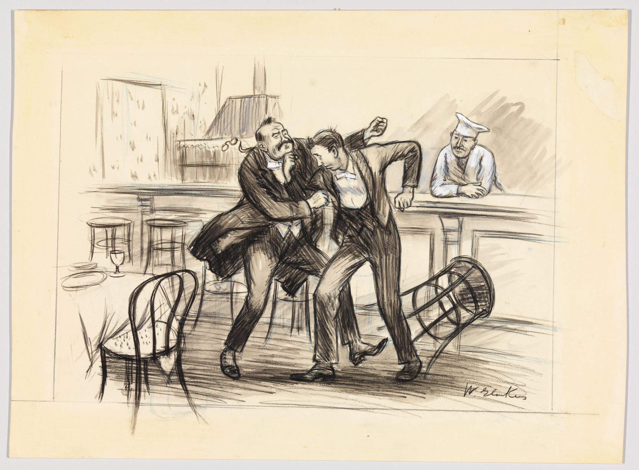 A sketch depicting two men in a physical altercation inside a bar or saloon, with one man grabbing the other's lapel and raising his fist, while the other man appears to be recoiling. An overturned chair is visible in the foreground, and a third man, wearing a chef's hat, is observing the scene from behind the counter with a concerned expression. The setting includes bar stools and a counter, suggesting a public eating or drinking establishment. The drawing style is expressive with dynamic lines, and the artist's signature is visible in the lower right corner.