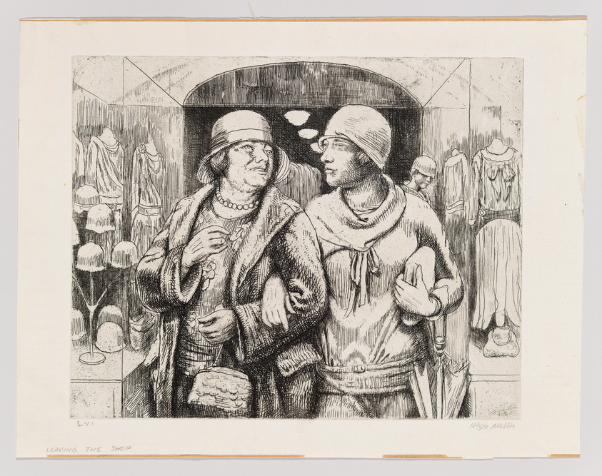 A black and white etching depicting two women leaving a shop, with one woman glancing back towards the interior where various garments are displayed. The scene conveys a sense of casual shopping in an earlier era, with detailed attention to the clothing and expressions of the subjects. The artwork is signed and titled "LEAVING THE SHOP" at the bottom.