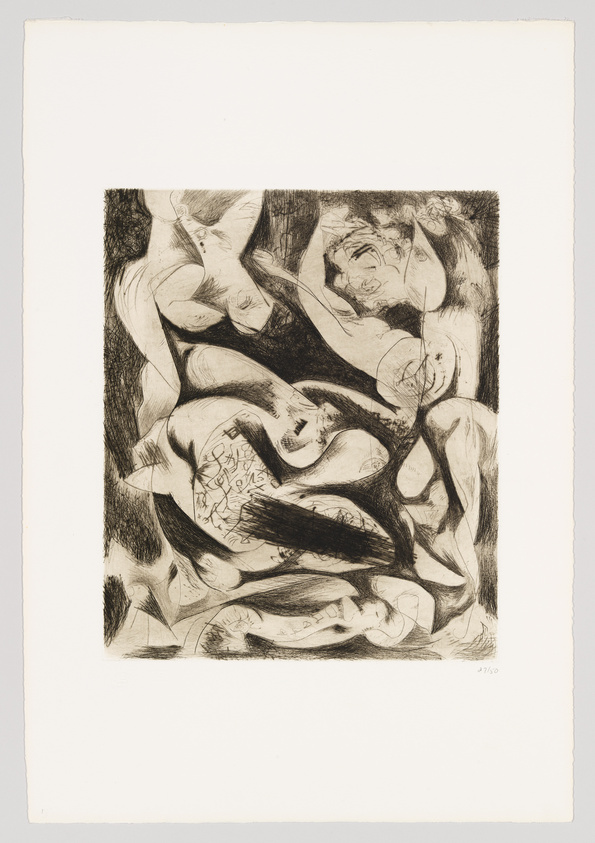 A black and white etching depicting a group of abstract, intertwined human figures with exaggerated forms and features, creating a dynamic and somewhat chaotic composition. The artwork is numbered at the bottom right corner, indicating it is part of a limited series.