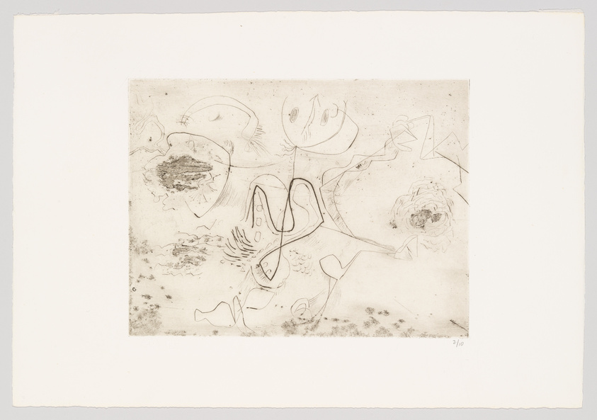 An etching with abstract and whimsical line art featuring various shapes and figures that appear to be floating or interconnected on a white background. The artwork includes what looks like facial features, organic forms, and possibly floral elements, with some areas more densely shaded than others. The print is numbered at the bottom right corner.
