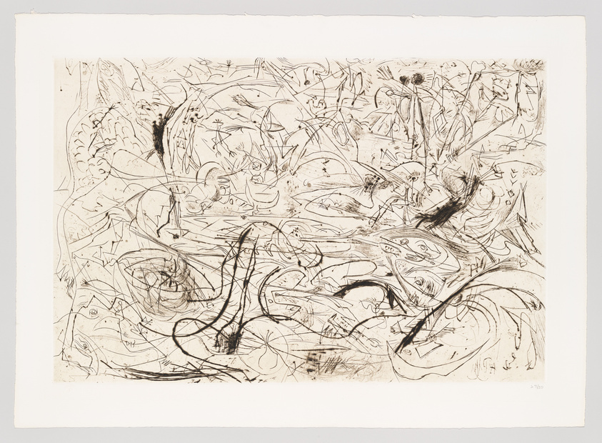 An abstract black and white etching featuring a dense and chaotic arrangement of lines and shapes that create a dynamic and intricate composition on a plain background.