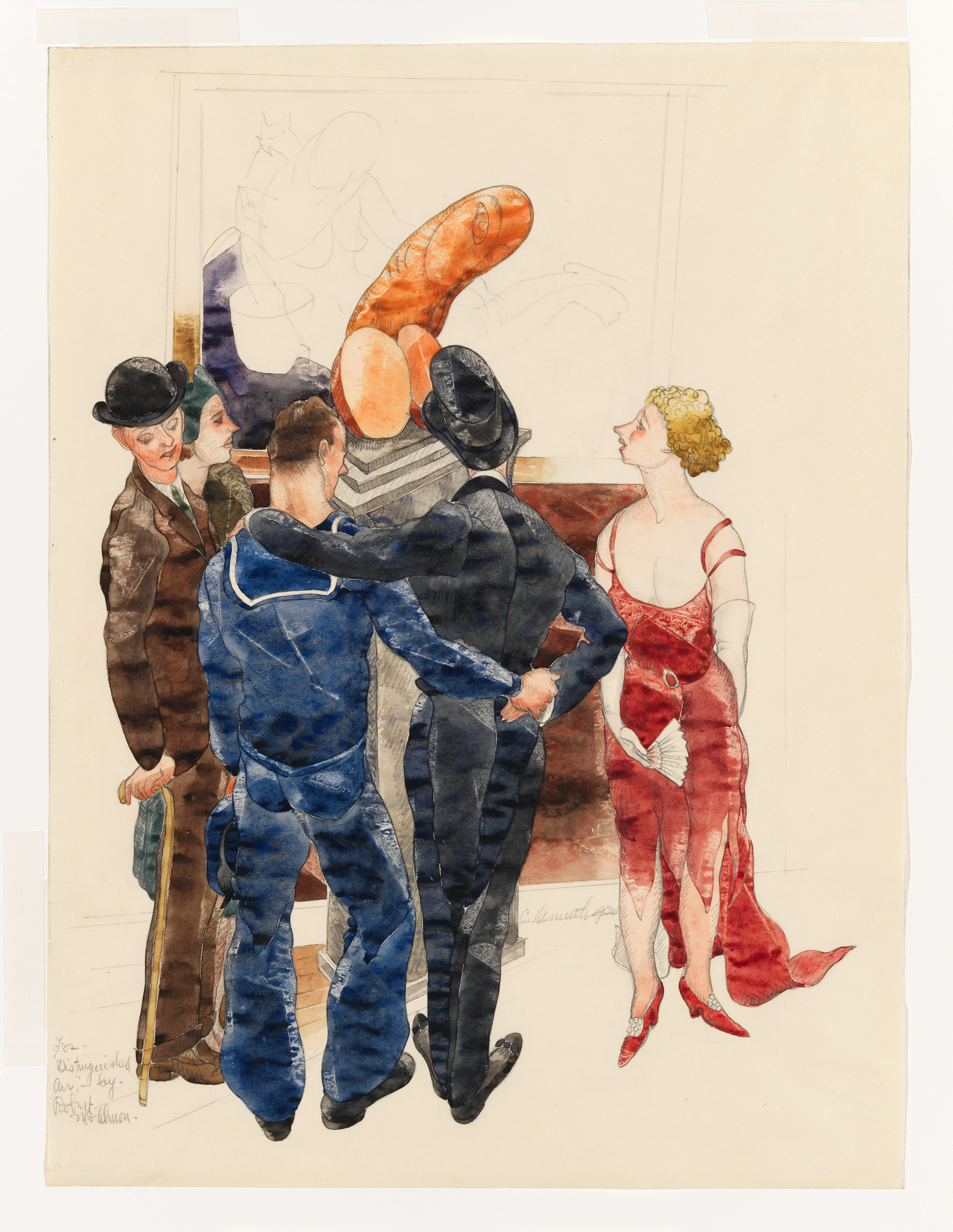 A watercolor illustration depicting a group of people in early 20th-century attire. Two sailors in blue uniforms are in the foreground, facing a woman in a red dress with a plunging neckline. Behind them, several men in suits and hats appear to be in conversation. Incomplete sketches of figures are visible in the background, suggesting an unfinished artwork or a work in progress. The image has a vintage feel, with handwritten notes at the bottom left corner.