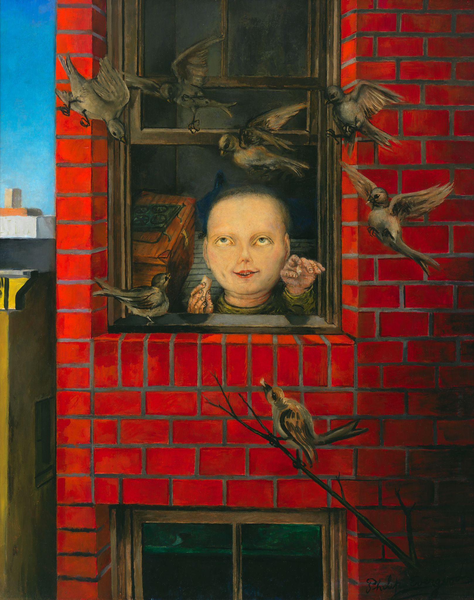 A surreal painting depicting a person's face peering out from an open window in a red brick wall. The face has an expressionless gaze and is framed by hands resting on the windowsill. Several sparrows are in flight around the window, with one perched on a bare branch that extends across the brick wall. The scene includes a glimpse of a blue sky and another building in the background. The artist's signature is visible in the lower right corner.