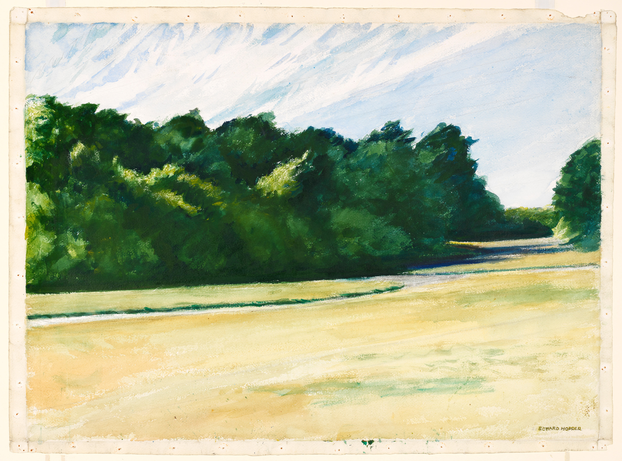 A watercolor painting by Edward Hopper depicting a serene landscape with a lush green tree line in the background, a calm river meandering through the center, and a broad sandy riverbank in the foreground under a sky streaked with light blue and white. The painting shows signs of age with slightly worn edges.