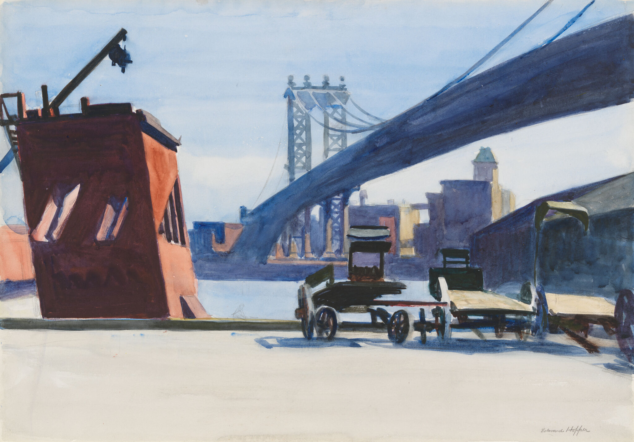 Watercolor view of the waterfront, with a building and parked buggies in the foreground, with a soaring bridge and city skyline behind.