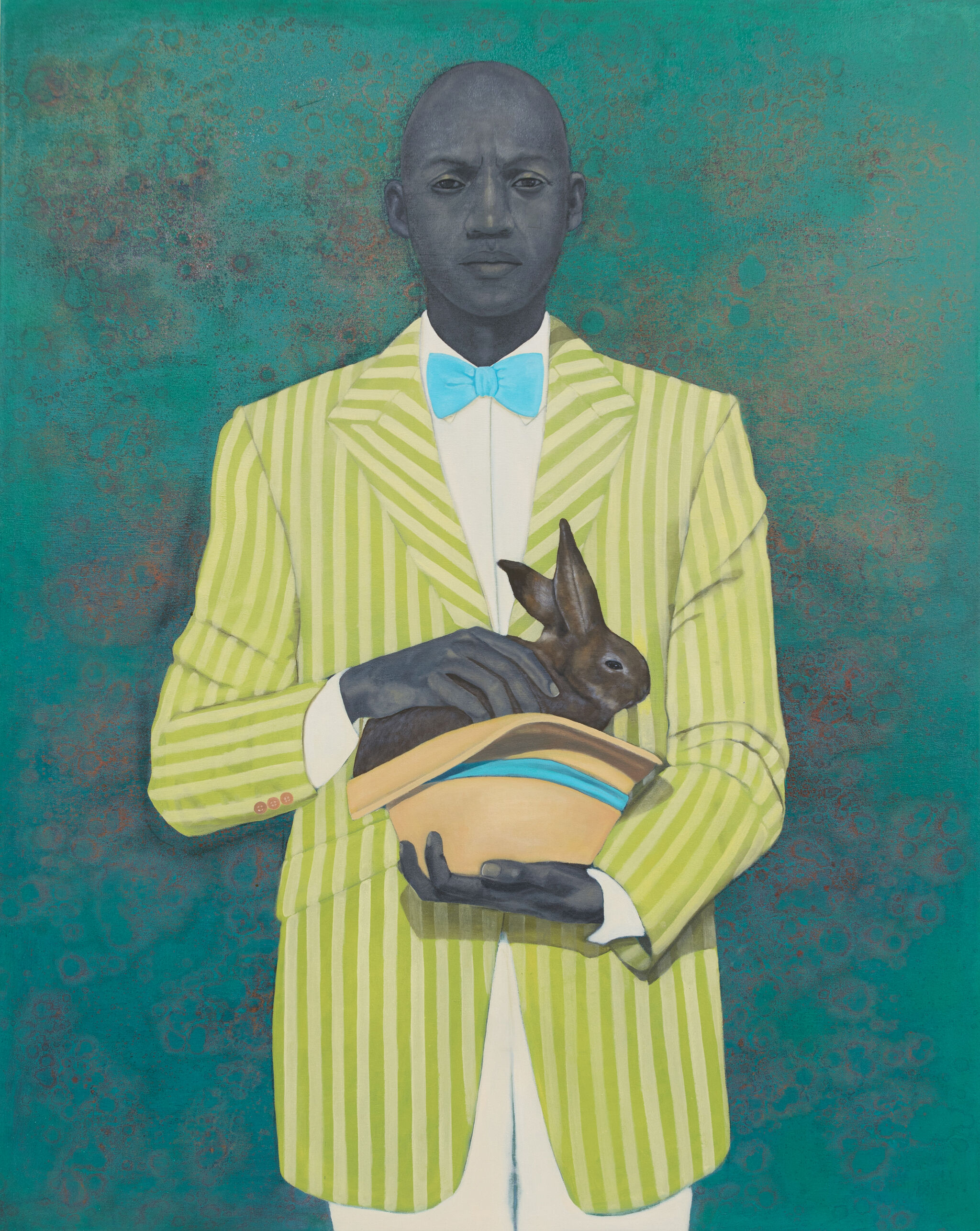 Man in a green striped suit with a blue bow tie holds a rabbit in a hat against a textured teal background.