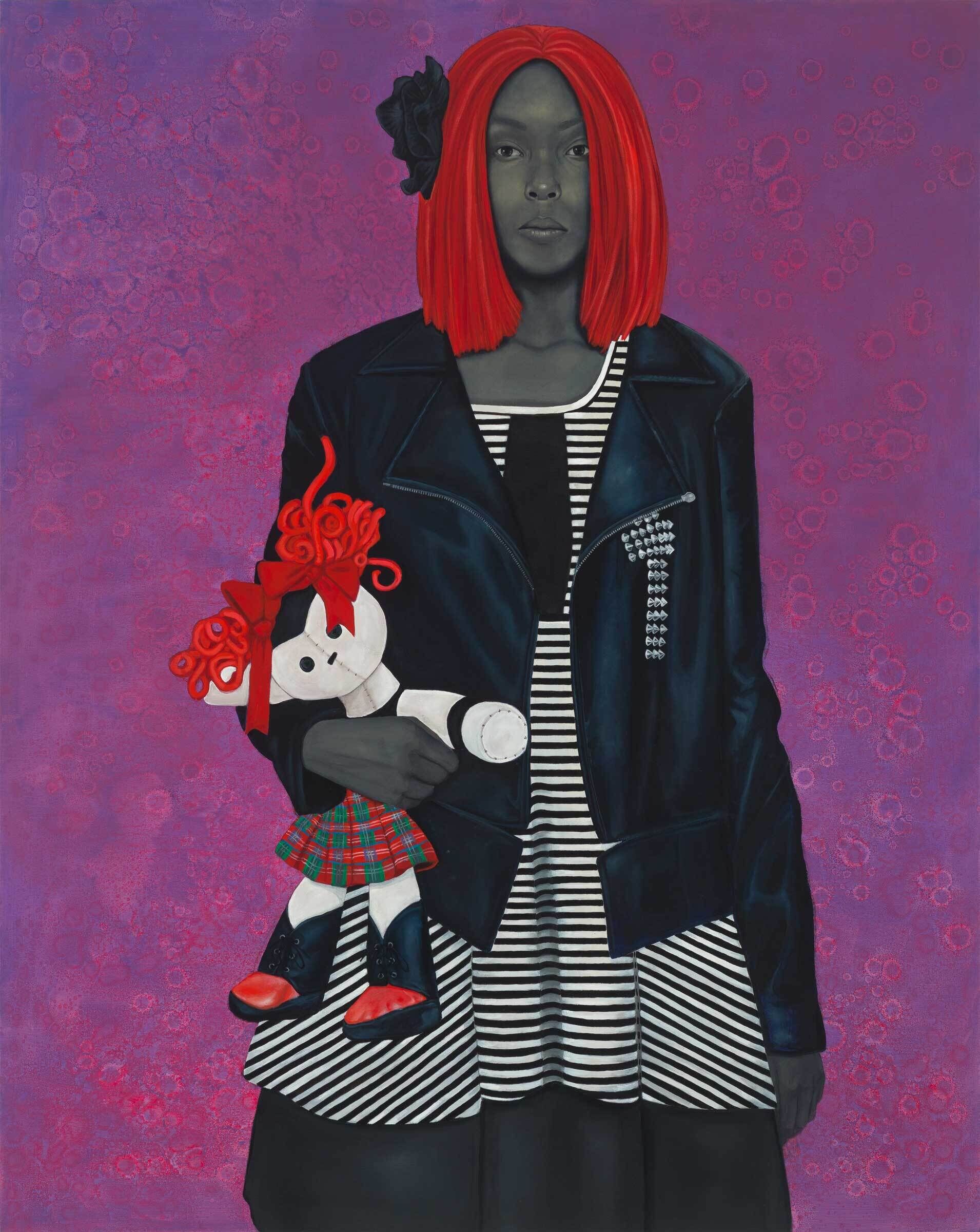 Person with red hair holds a doll, wearing a striped dress and black jacket, against a purple background with circular patterns.